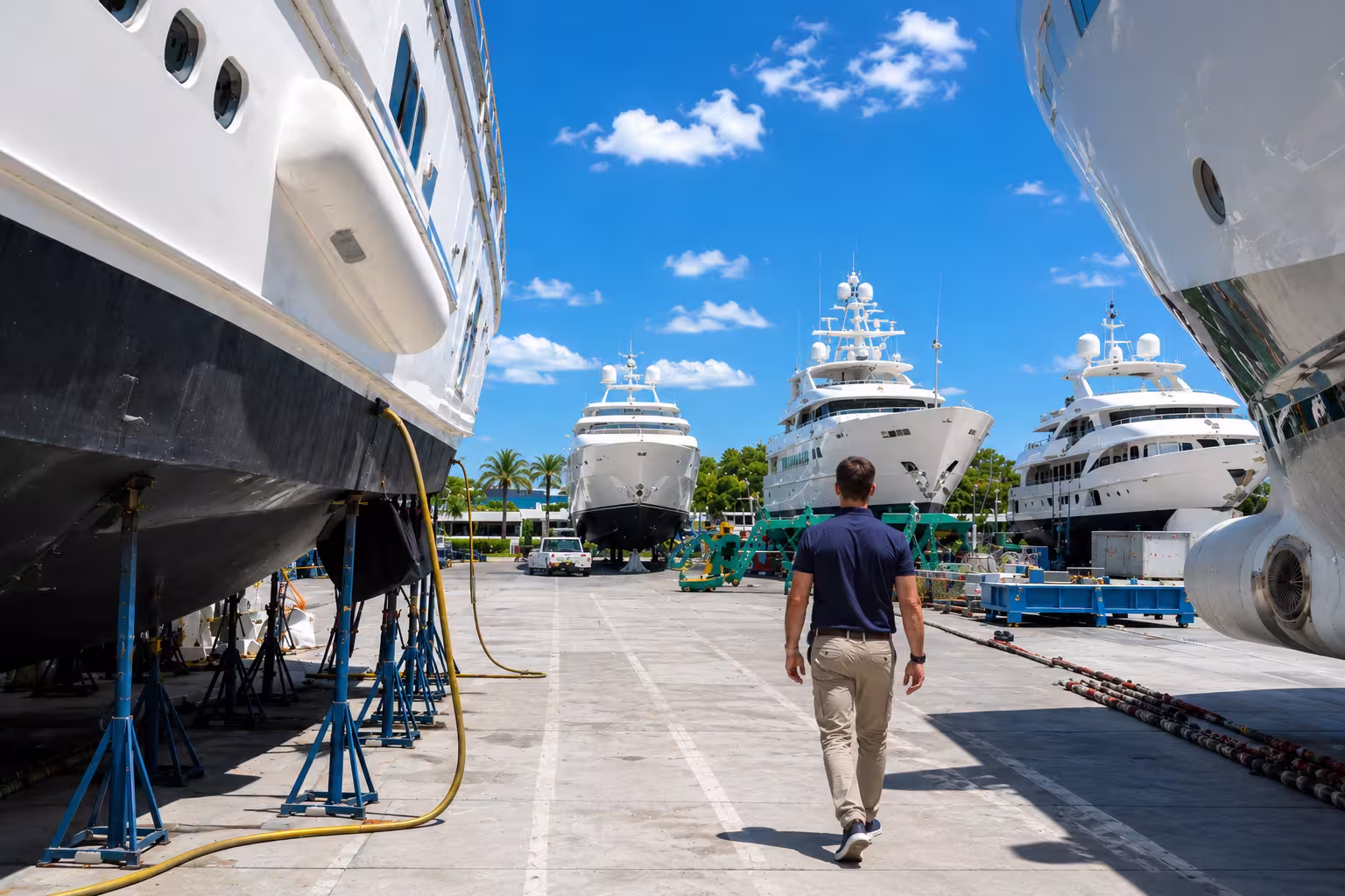 A man in a polo shirt walking away down a boatyard hardstand between superyachts propped on stands, three more hauled out ahead of him under a blue sky.